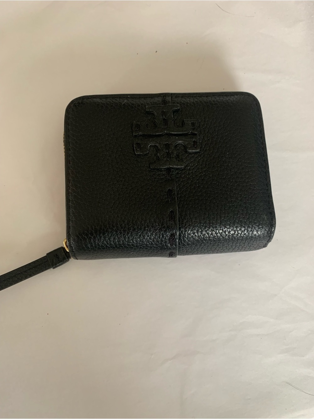 Tory Burch Black Pebbled Leather Zip Card Case with Logo